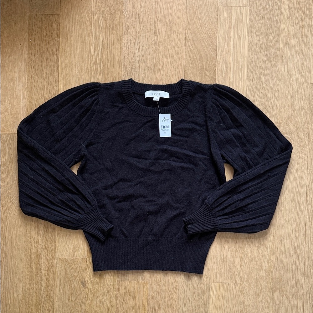 NWT LOFT Black Ribbed Sleeve Sweater